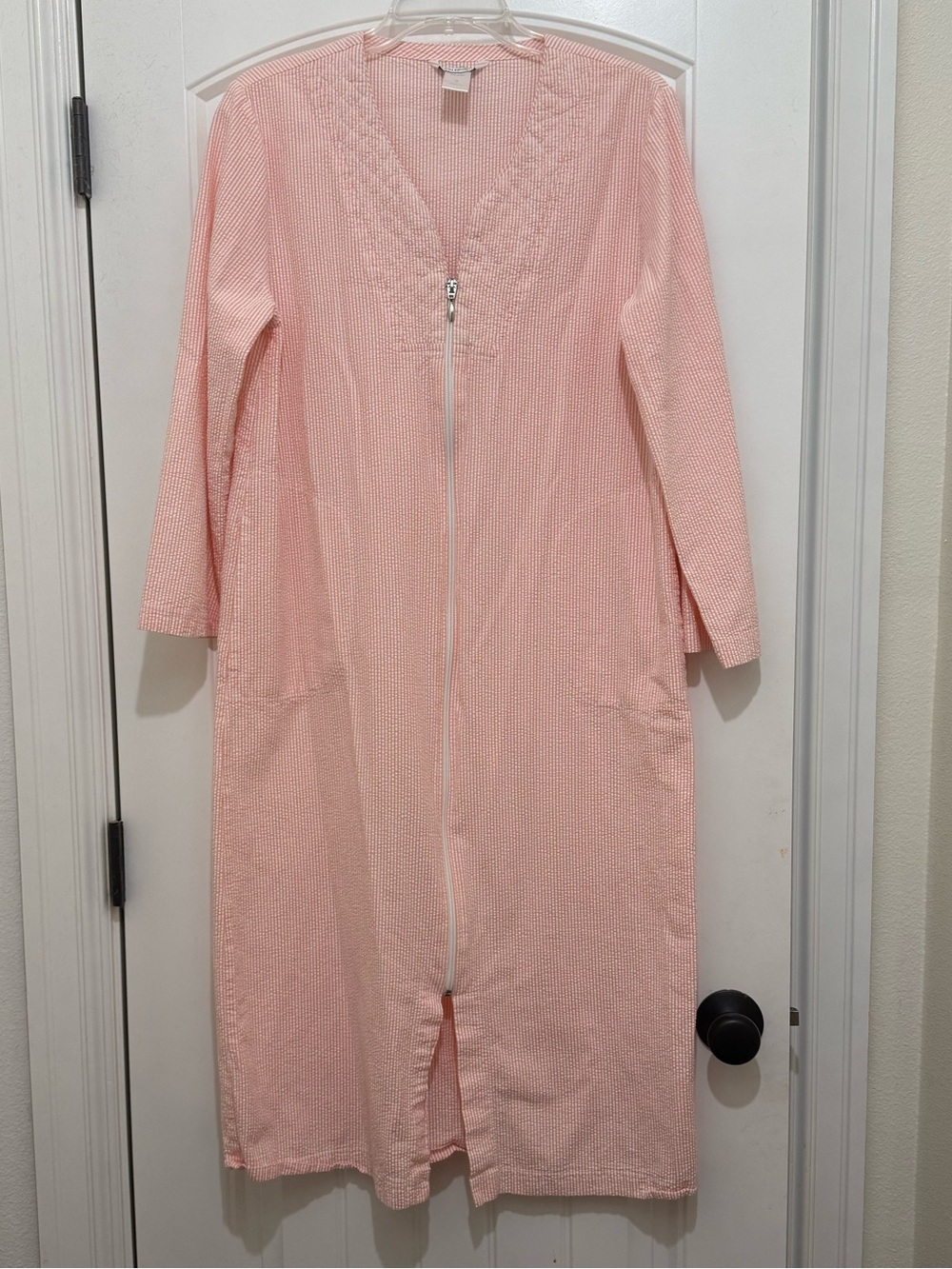 Cuddledown Orange Peach White Stripe Seersucker Cotton House Coat Zip Robe Small